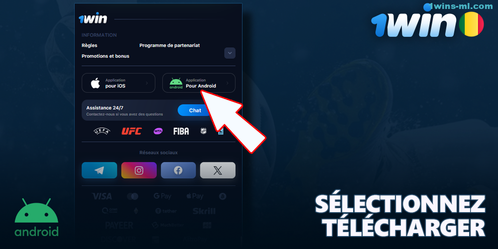 Cliquez sur l'icône Android sur 1win