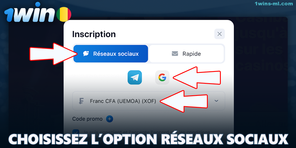 Choisissez la méthode d'enregistrement via les médias sociaux sur 1Win