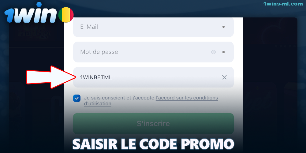 Saisir le code promo lors de l'inscription à 1Win