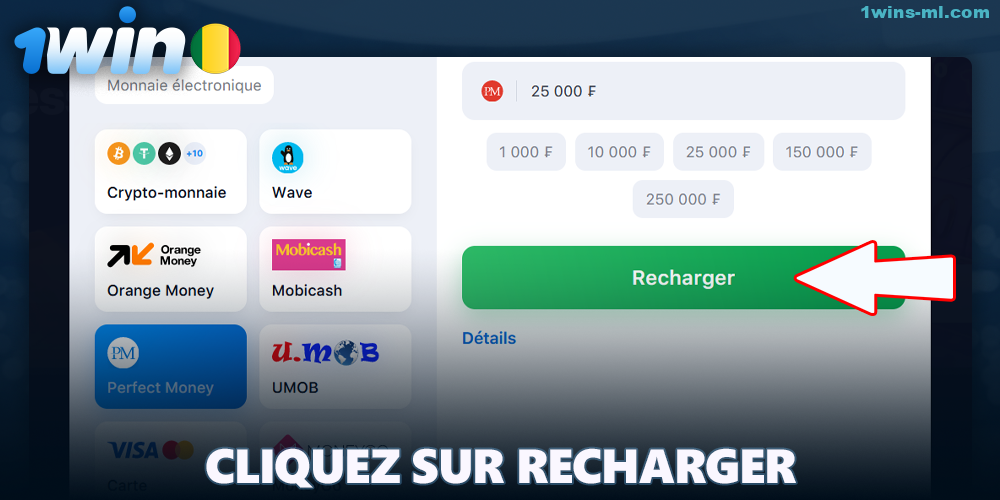 Cliquez sur le bouton "Recharge" de 1Win