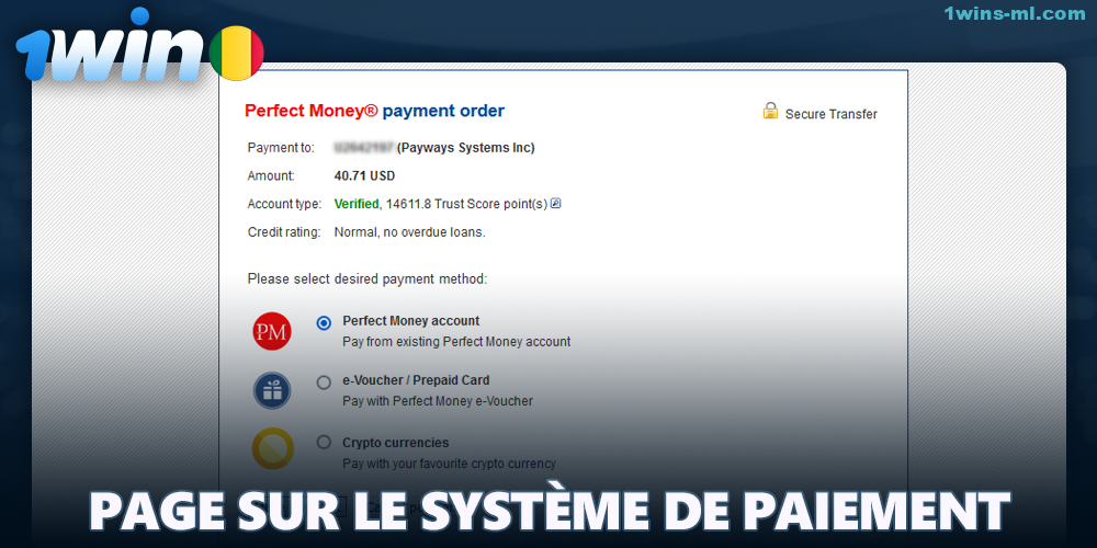 Page du système de paiement sélectionné sur 1Win