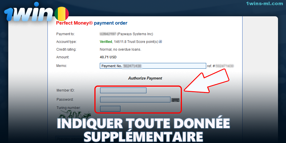 Saisie d'informations de paiement supplémentaires pour 1Win