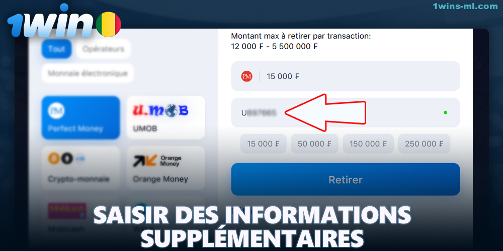 Saisir des informations supplémentaires pour retirer des fonds de 1Win