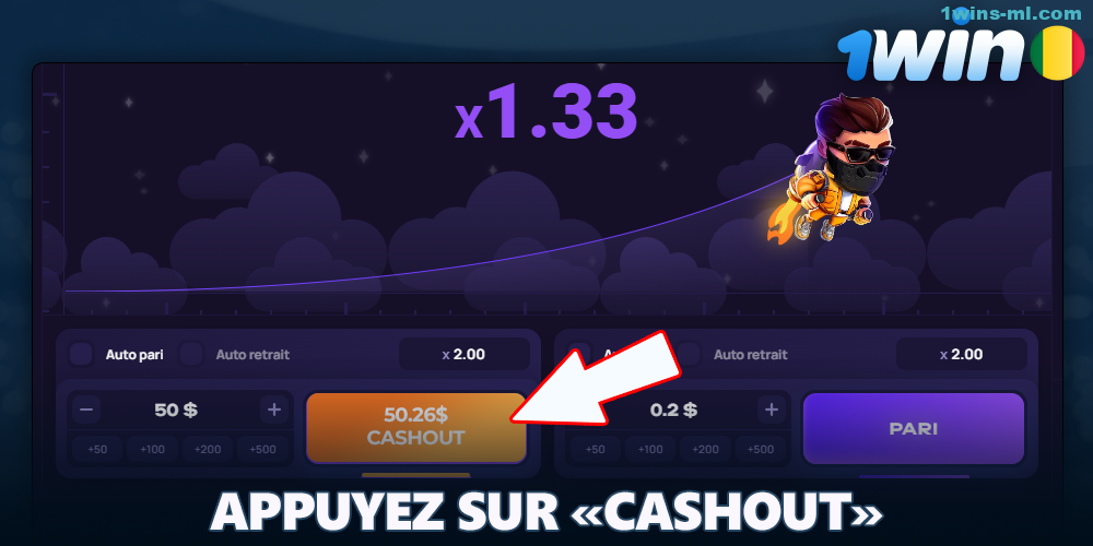 A tout moment, appuyez sur le bouton de retrait dans le jeu Lucky Jet sur 1Win