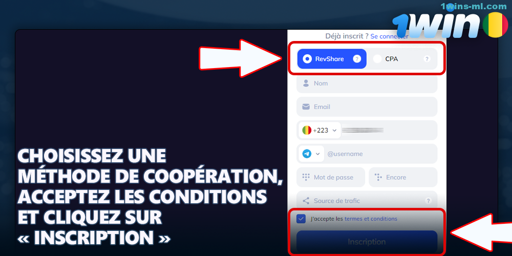 Lisez les règles et cliquez sur le bouton S'inscrire dans le programme d'affiliation 1win